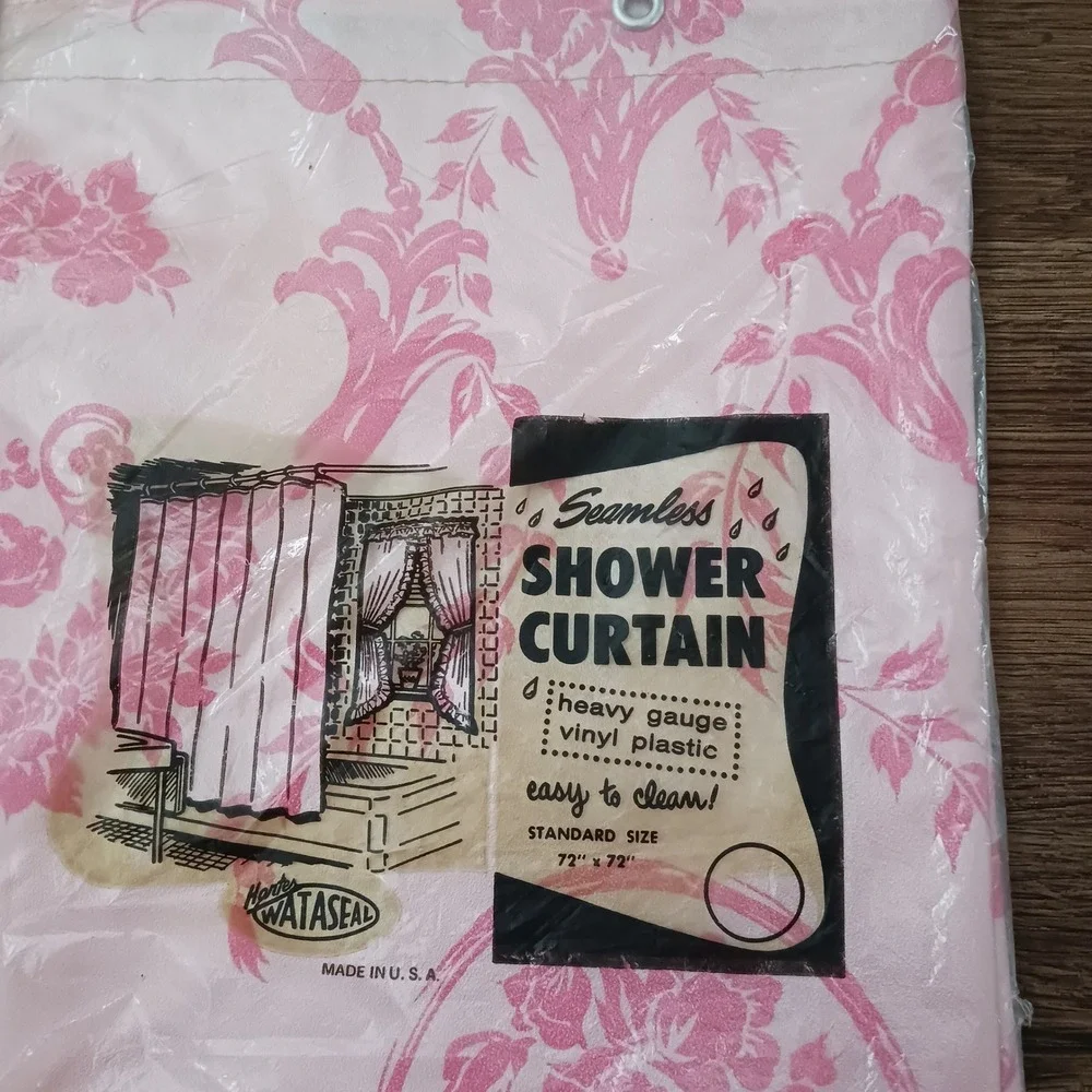 Vintage Harte Wataseal Pink Floral Damask Vinyl Shower Curtain 72x72 Made in USA